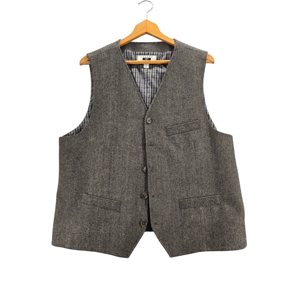 Joseph Abboud Mens XL Herringbone Wool Blend Vest Brown Grey Plaid Lined Button
